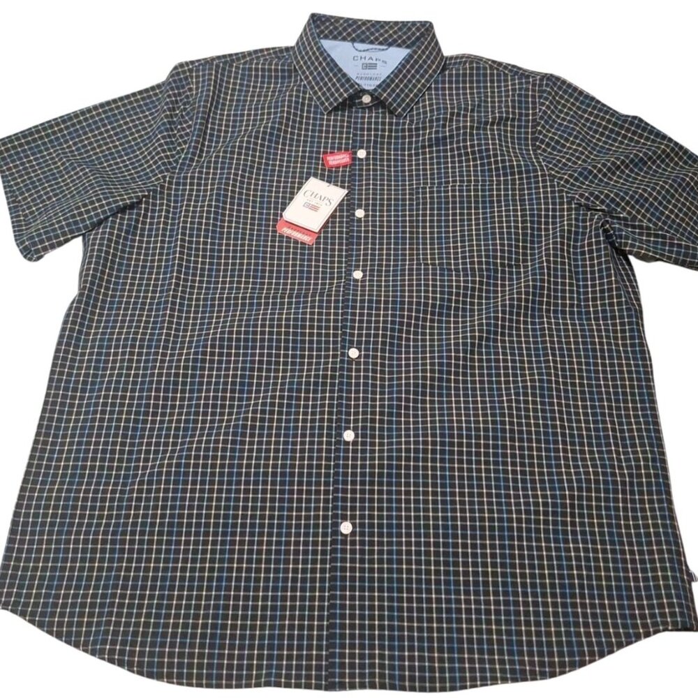 NWT CHAPS Everyday Performance Mens Black Blue Plaid Short Sleeve Button Up Sz L